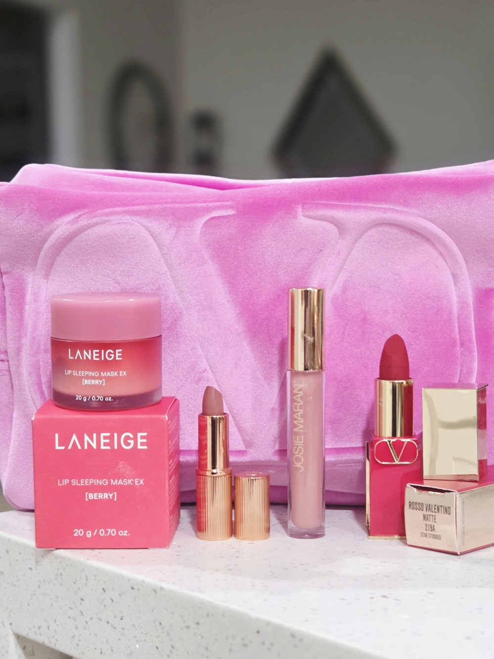Valentino & & LANEIGE Berry Lip Sleeping Mask + Lipstick Set - Plus Cosmetic Bag - Picture 1 of 5